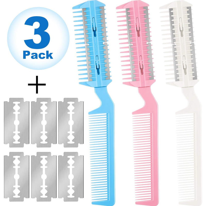 [Australia] - 3 Pieces Razor Comb with 10 Pieces Razors, Hair Cutter Comb Cutting Scissors, Double Edge Razor, Hair Thinning Comb Slim Haircuts Cutting Tool (White, Pink, Blue, Double Sided) 