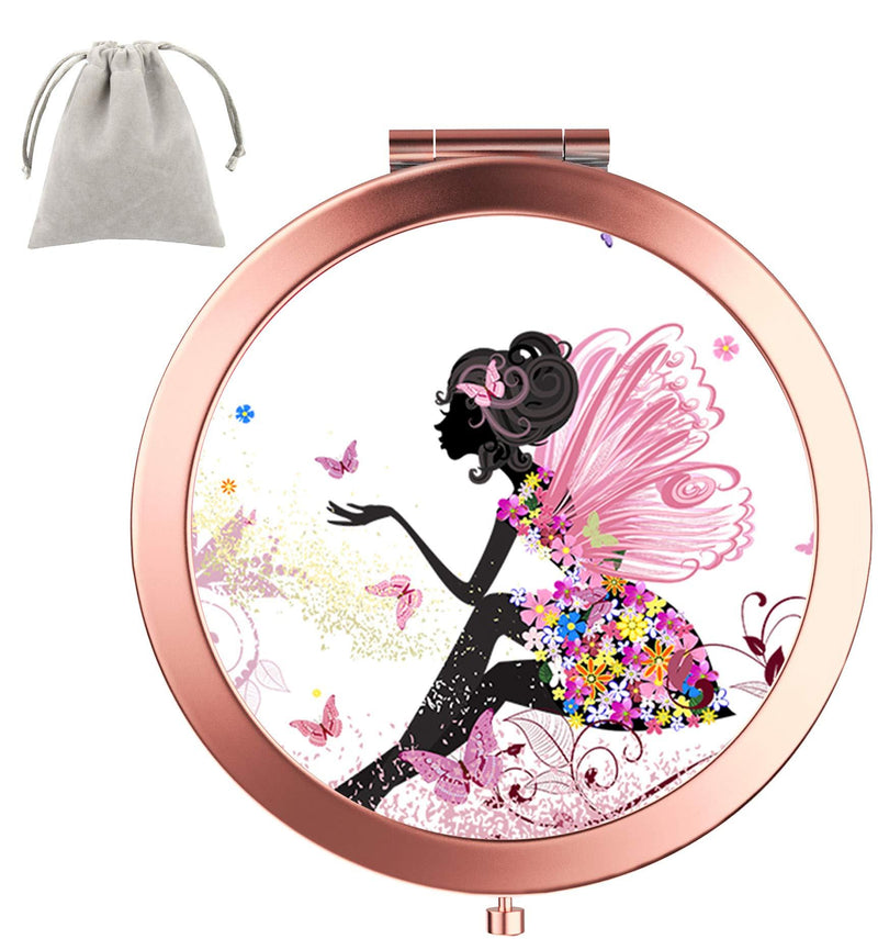 [Australia] - Dynippy Compact Mirror Round Rose Gold Makeup Mirror Folding Mini Pocket Mirror Portable Hand Mirror Double-Sided with 2 x 1x Magnification for Woman Mother Kids Great Gift (Butterfly Girl) Butterfly Girl 
