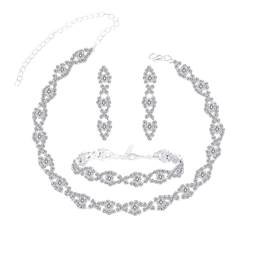 [Australia] - JOERICA Bridal Choker Jewerly Set for Women Silver Bridesmaid Wedding Rhinestone Choker Bracelet and Earrings Set with 5 Pcs Bridal Headband Set C:Style 3 