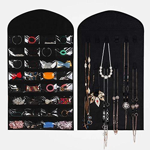 [Australia] - 32 Pockets Visible Hanging Jewelry Organizer Non-Woven Jewelry Holder Carrier with 18 Hook and Loops for Girls/Women Rings, Necklaces, Bracelets, Earrings (Black) Black 
