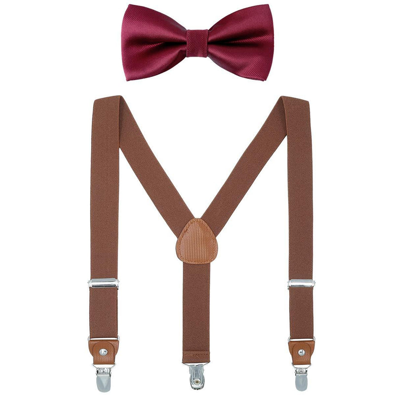 [Australia] - Child Kids Suspender Bowtie Sets - Y Shape Adjustable Suspender with Silk Bowties Gift Idea for Boys and Girls by WELROG Brown + Burgundy Bowtie 24 inch (7 month - 3 years) 