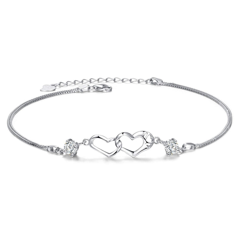 [Australia] - EVERU Sterling Silver Heart Anklet Bracelet Never Separated Symbol Charm Adjustable Large Bracelets for Women 