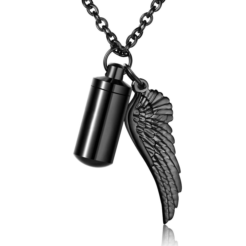 [Australia] - XIUDA Cremation Jewelry Urn Necklace for Ashes with Angel Wing Charm & Cylinder Eternity Stainless Steel s black non-engraving 