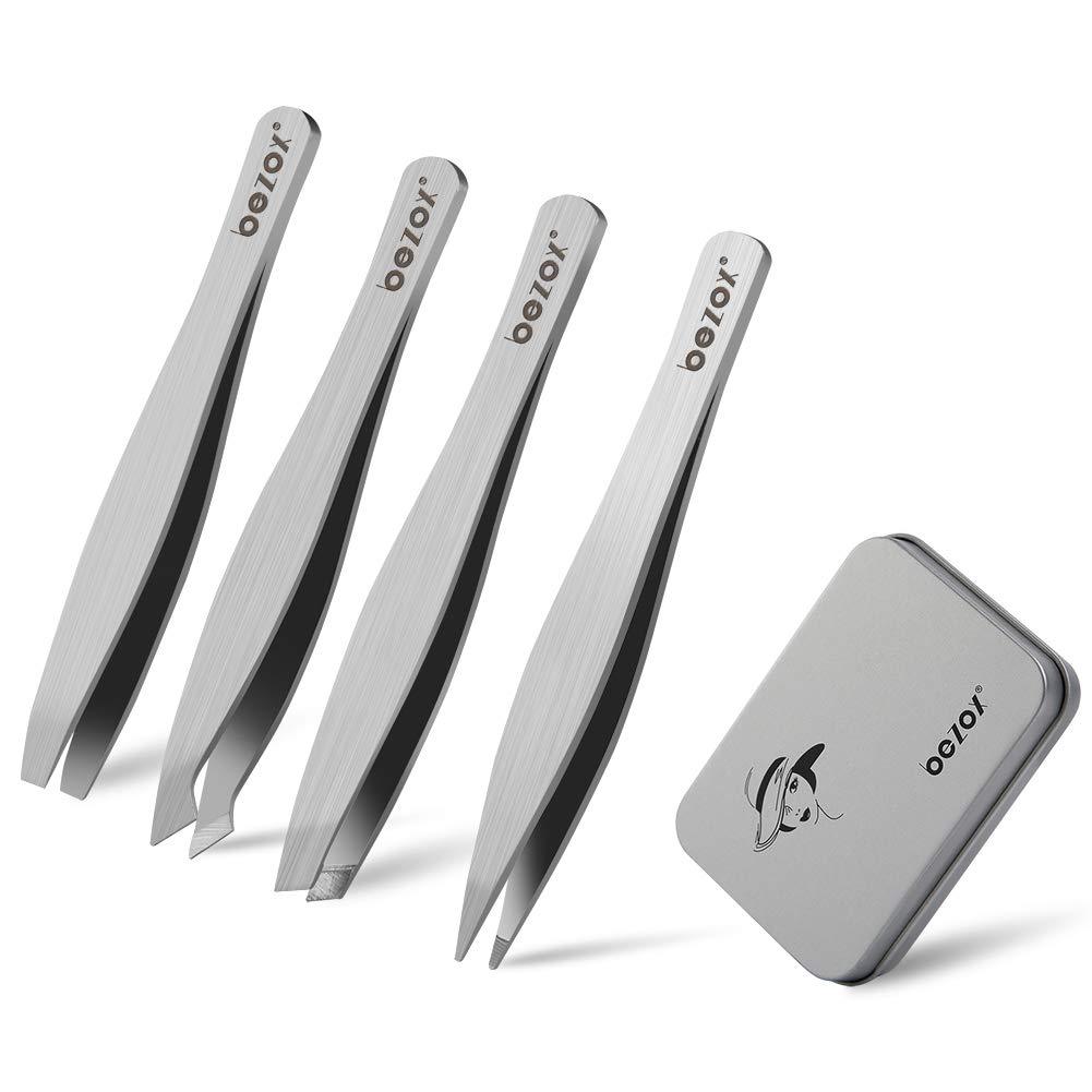 [Australia] - BEZOX Mini Tweezers Set,4 PCS Precise Eyebrow Tweezer Stainless Steel - W/Metal Storage Box 