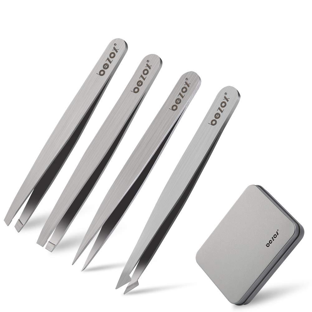 [Australia] - BEZOX Tweezers Set(4 PCS), Precise Eyebrow Tweezer Stainless Steel - W/ Metal Storage Box 