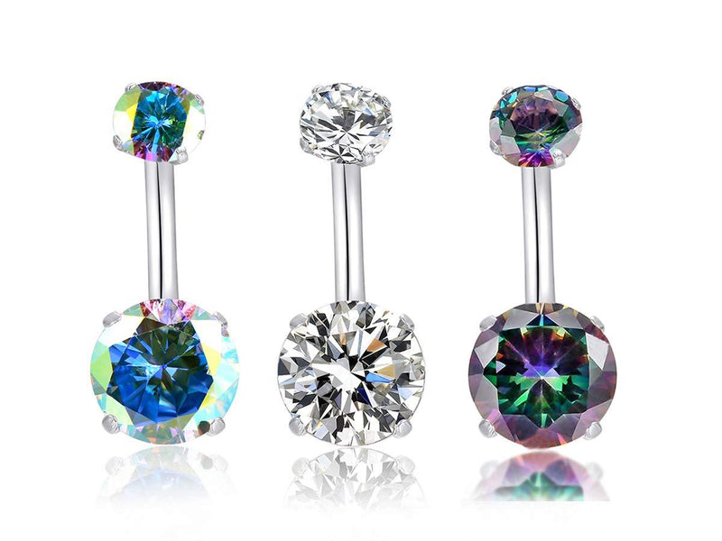 [Australia] - HQLA 14G Belly Button Rings Surgical Stainless Steel Round Cubic Zirconia Navel Barbell Stud Body Piercing 3Pcs(Clear+AB+Black Colorful) 
