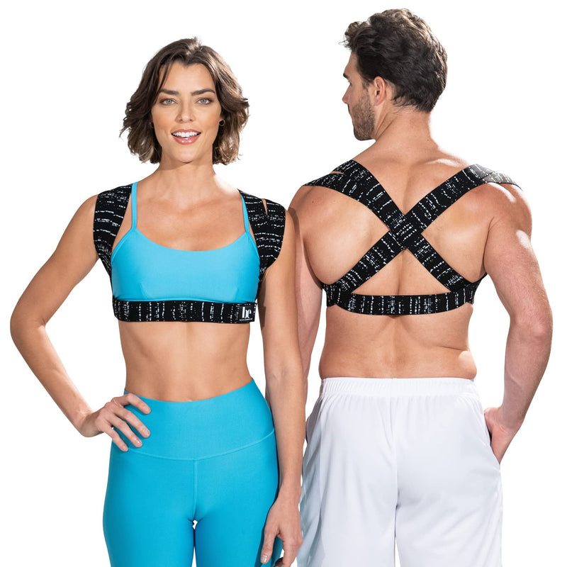 [Australia] - BackEmbrace Posture Corrector for Women & Men - Made in USA - Slim & Adjustable Shoulder Brace - Back Brace for Back Pain Relief - Black Drizzle XS/S Black and White 