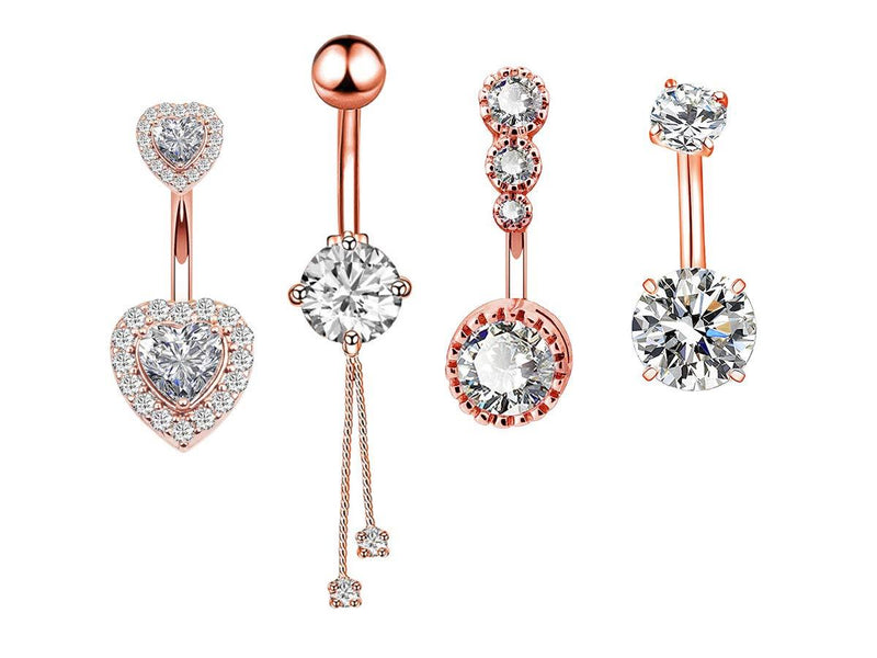 [Australia] - 14G Surgical Steel Belly Button Rings Round/Love Heart Clear CZ Navel Curved Barbell Studs Sexy Body Piercing 4 Pcs A Set Rose Gold 