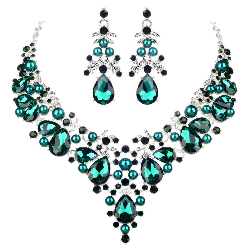 [Australia] - See the beauty Women's Wedding Bridal Austrian Crystal Teardrop Statement Necklace Earring Jewelry Set for Brides Wedding Party Dress Green 