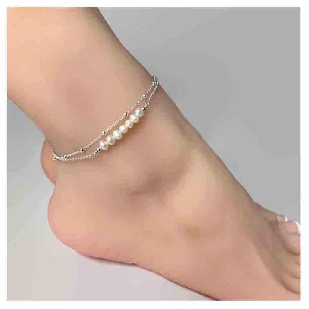 [Australia] - Olbye Pearl Anklet Bracelet Silver Layering Ankle Bracelet for Women and Girls Beach Wedding Foot Jewelry 