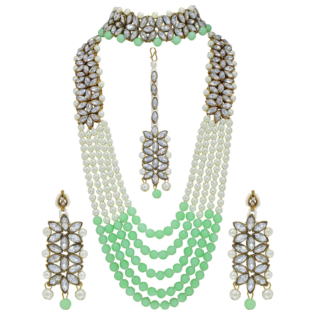 [Australia] - I Jewels Wedding Collection Faux Mother-of-Pearl and Kundan Choker & Long Mala Stylish Party Wear Jewelry Set with Earrings & Maang Tikka for Women (ML164MinCO) 