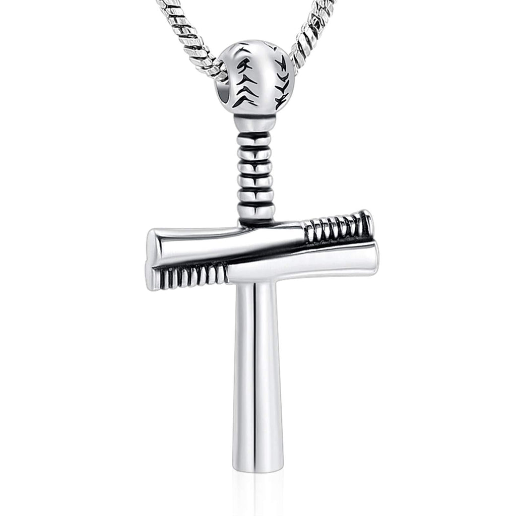 [Australia] - Yinplsmemory Sport Cross Cremation Jewelry Stainless Steel Baseball Bat Cross Unisex Pendant Memorial Urn Necklace for Men/Women,Urn Locket Ashes Holder Cremation Keepsake Silver 