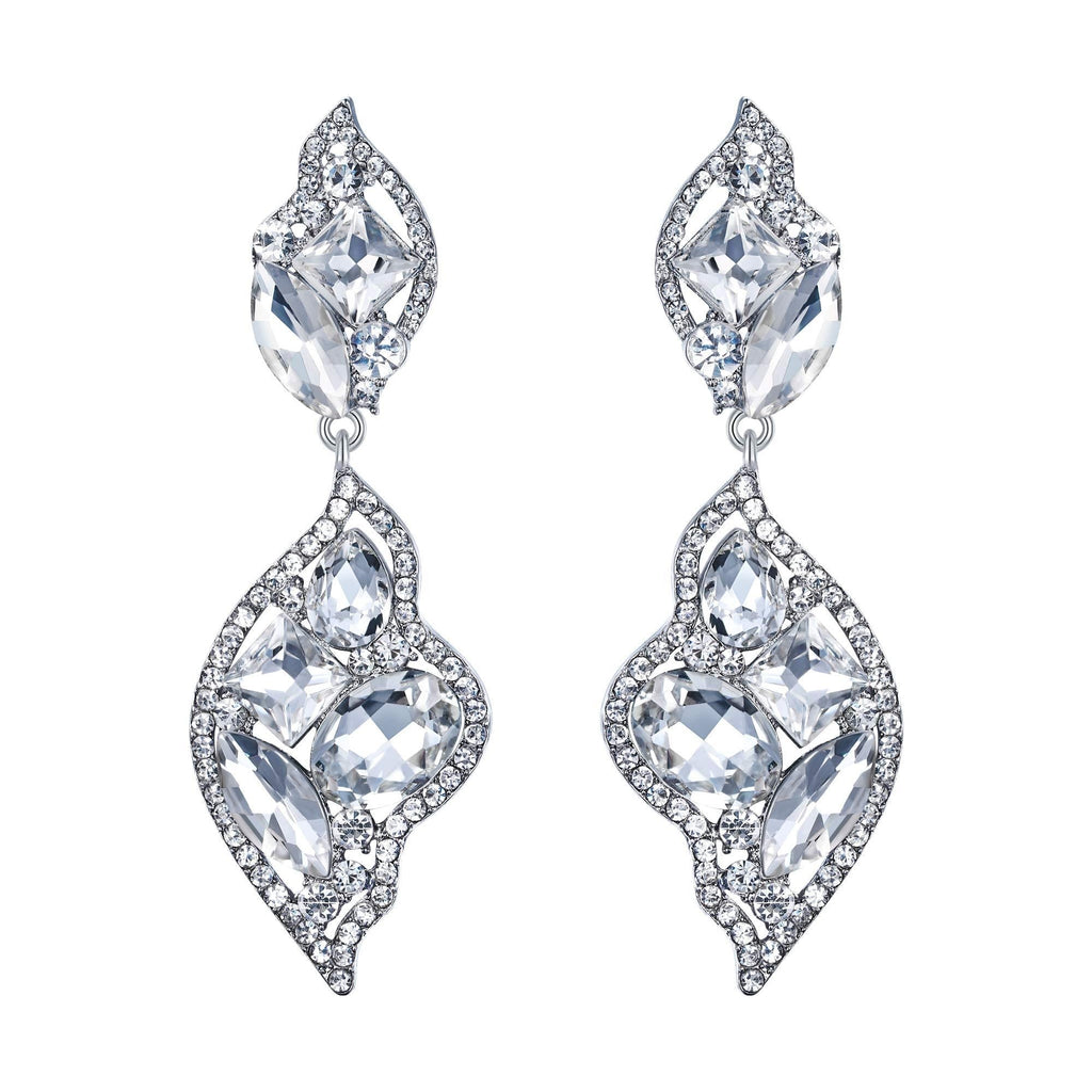 [Australia] - BriLove Women's Wedding Bridal Crystal Leaf-Shaped Multi-Rhinestone Dangle Earrings Clear Sliver-Tone 