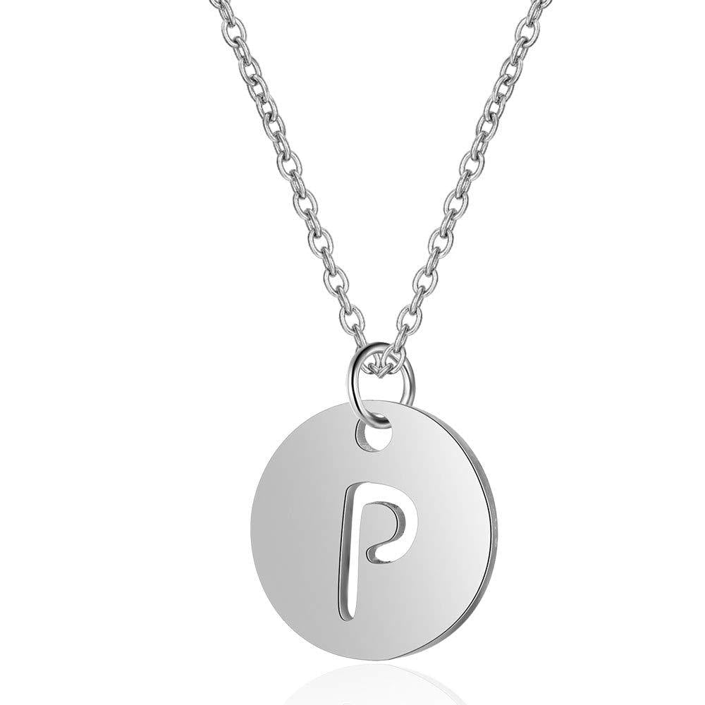[Australia] - MissNity Stainless Steel Initial Necklace for Women 26 Letter Alphabet Necklaces Hollowed-Out Disc Pendant Jewelry Gift for Girls, Gold and Silver Color Silver-P 