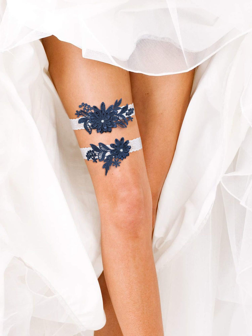 [Australia] - 2 Pieces Wedding Garters Daisy Lace Bridal Garter Hand Sewn Faux Pearls Garter for Bride Navy Blue 