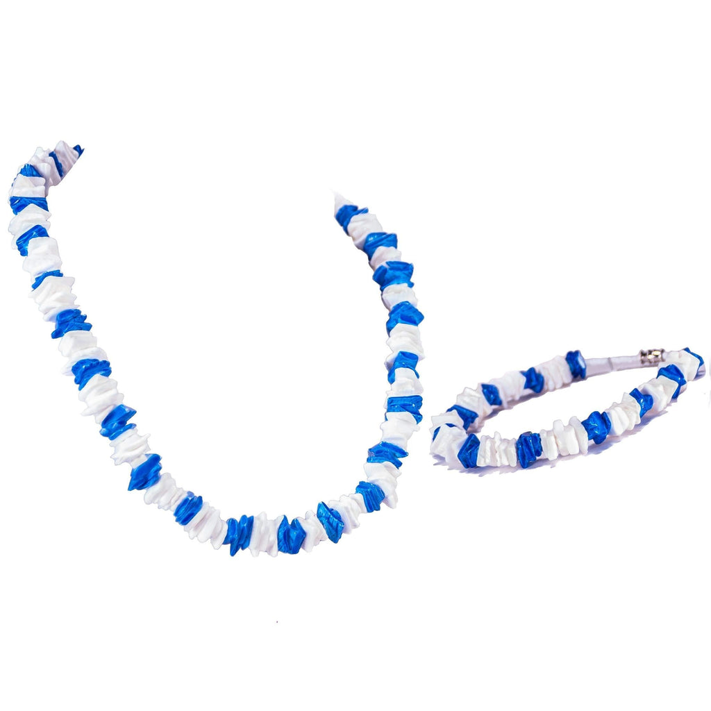 [Australia] - BlueRica 2 Piece Set ~ White & Dark Blue Puka Chip Shells Necklace & Anklet 