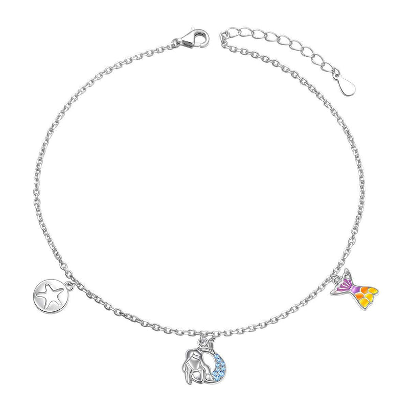 [Australia] - Sterling Silver Sea Mermaid Crescent Moon Necklace Charm Bracelet Anklet Tail Open Ring Women Daughter Mermaid Jewelry Anklet 9+1 inches 