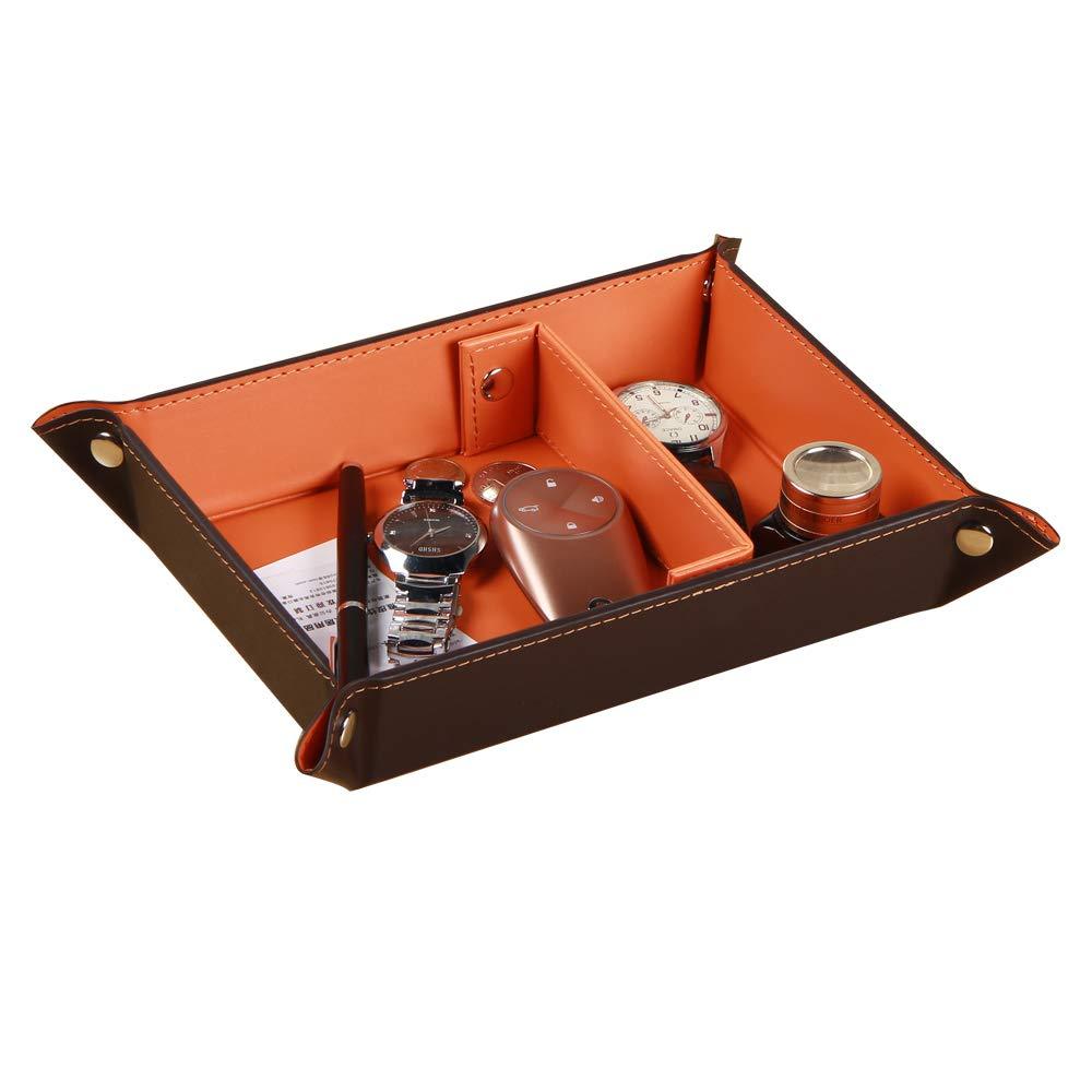 [Australia] - YAPISHI Valet Tray for Men Leather Big Entryway Key Dish Bedside Catchall Bowl 2 Dividers Travel Nightstand Organizer Caddy for Wallet Coins Dice Watch Candy, Sundries Holder for Beside Table (Orange) Orange 