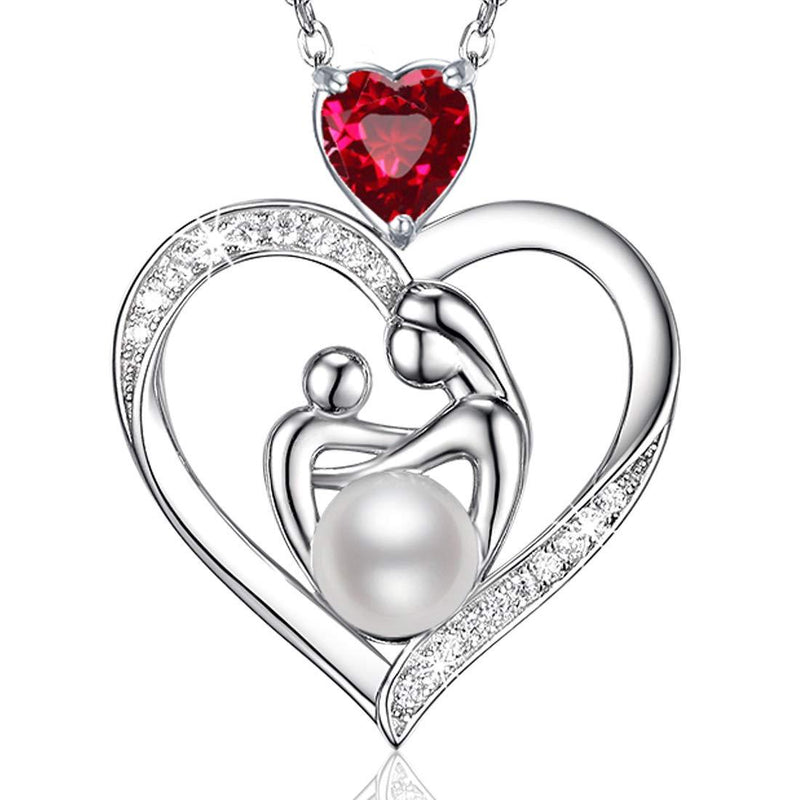 [Australia] - Birthday Gifts for Mom Ruby Necklace for Mother Daughter Pearl Jewelry Sterling Silver Mother and Child Heart Jewelry Gifts for Wife Anniversary 