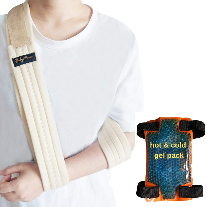 [Australia] - BodyMoves Arm Sling PLUS Hot and Cold Hand Ice Pack for shoulder surgery rotator cuff elbow immobilizer for men,women,kids Left or right wrist injuries fracture treatment (Khaki beige) Khaki beige 