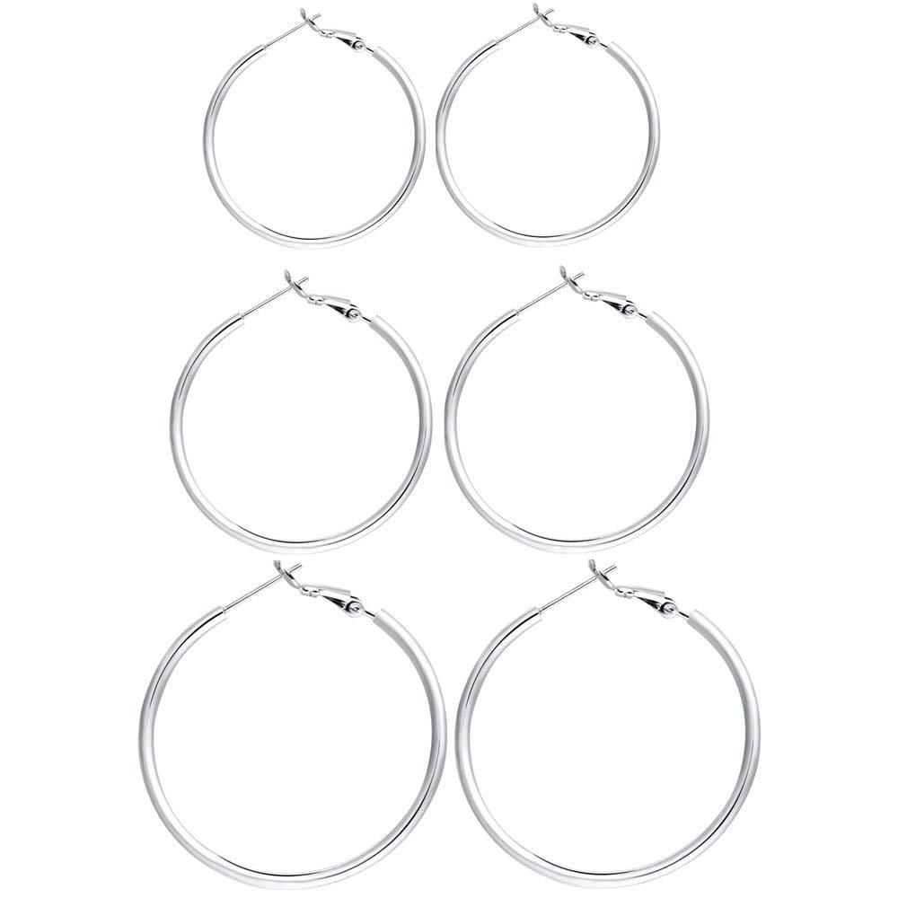 [Australia] - 3 Pairs Sterling Silver Hoop Earrings - 14k White Gold Plated Hoop Earrings Big Hoop Earrings Set Silver Hoop Earrings for Women Girls Valentine's Day Gift (40MM 50MM 60MM) … A-Silver 40mm 50mm 60mm 