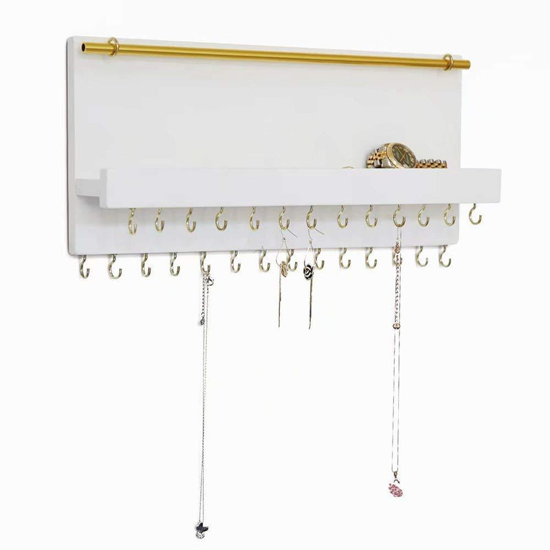 [Australia] - SANY DAYO HOME 27 Hooks Wall Mounted Necklace Holder 14 x 6 inch Hanging Rustic Wooden Jewelry Organizer with Removable Bracelet Rod and Shelf for Kids, Girls, Women - Ivory White 27 Hooks Retro White 