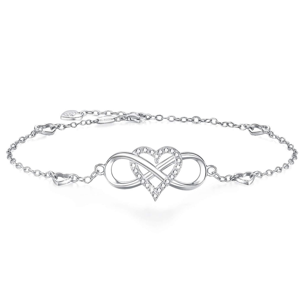 [Australia] - BlingGem Womens Ankle Bracelet 925 Sterling Silver Anklet Cubic Zirconia Infinity Heart Summer Beach Stylish Chain Adjustable Gift for Women White Gold 