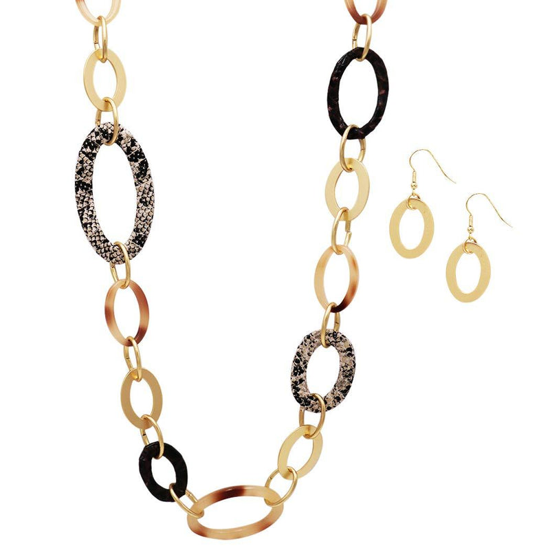 [Australia] - Rosemarie & Jubalee Women's Contemporary Lucite and Faux Snake Skin Rings Chain Link Long Statement Necklace and Earrings Set 