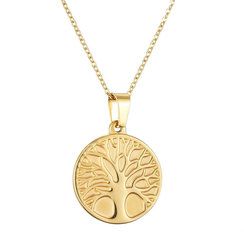 [Australia] - Tree of Life Necklace, 18K Gold Plated Stainless Steel Delicate Coin Disc Pendant Engraved Family Tree Necklace Rose Heart Pendant Necklace for Women Girls Tree 1 