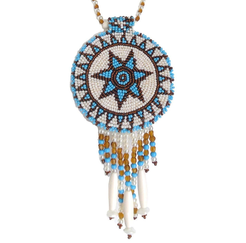 [Australia] - Native Style Beaded Necklace Earrings Set with Large Rosette Pendant Cream Star 