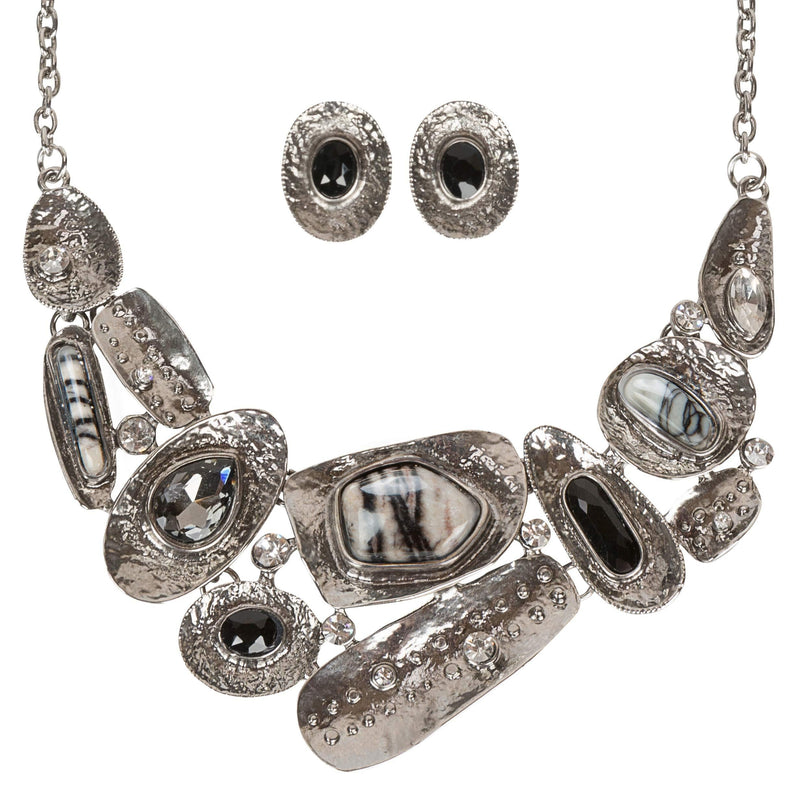 [Australia] - SPUNKYsoul Statement Necklace and Earrings in Black Gray with Rhinestones for Women Black White Silver 