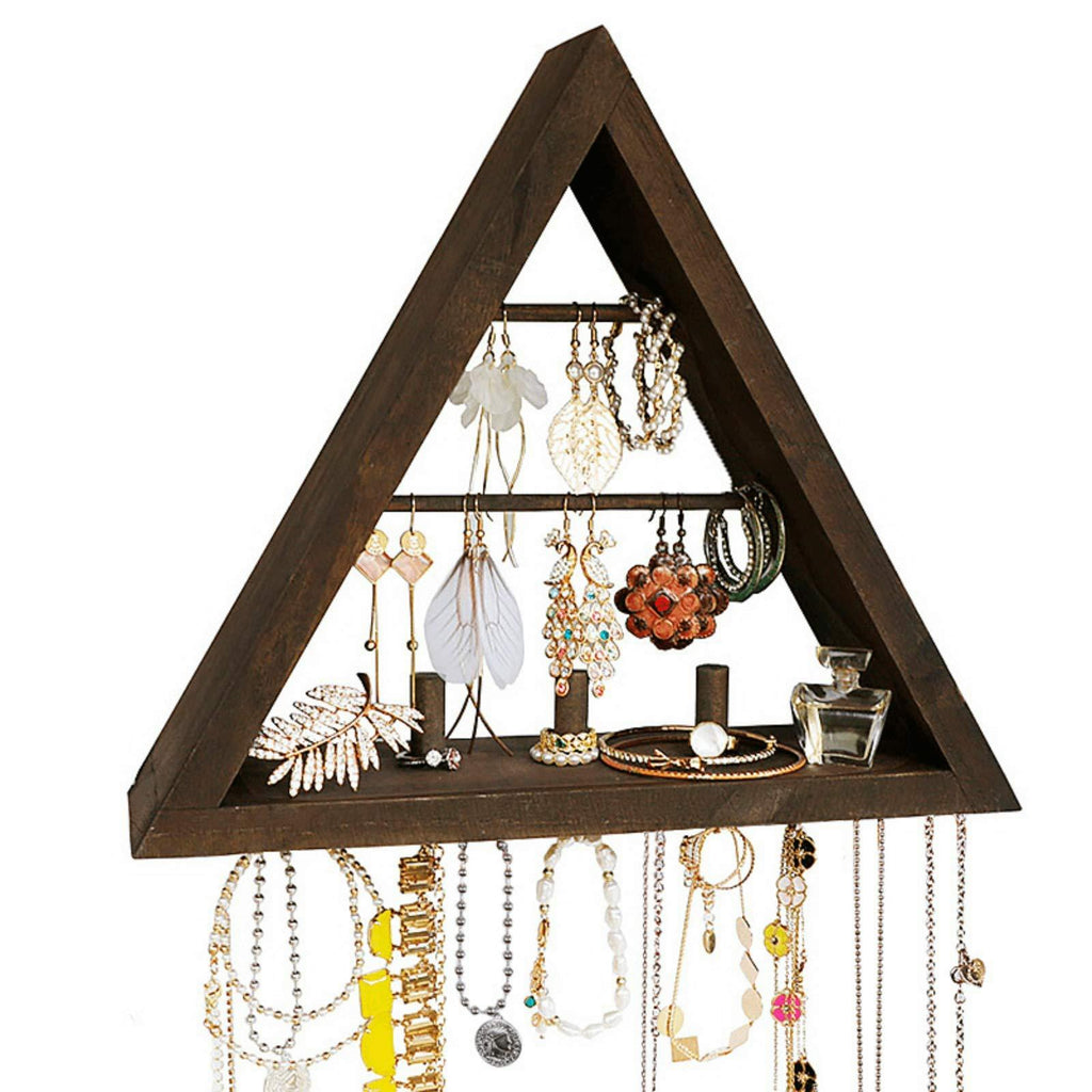 [Australia] - Jewelry Organizer Wall Mounted, Rustic Hanging Earring Holder - Stylish Triangle Wooden Jewelry Display with Hooks for Rings, Earrings, Necklace and Accessories Brown 