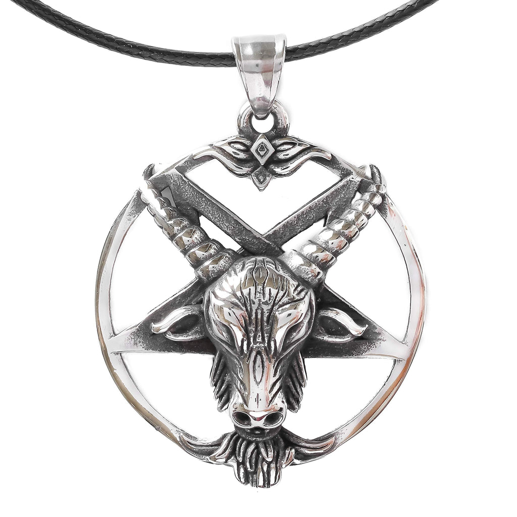 [Australia] - HAQUIL Baphomet Necklace - Stainless Steel, Inverted Pentagram Sabbatic Goat Pendant - PU Leather Cord, 19.7" 
