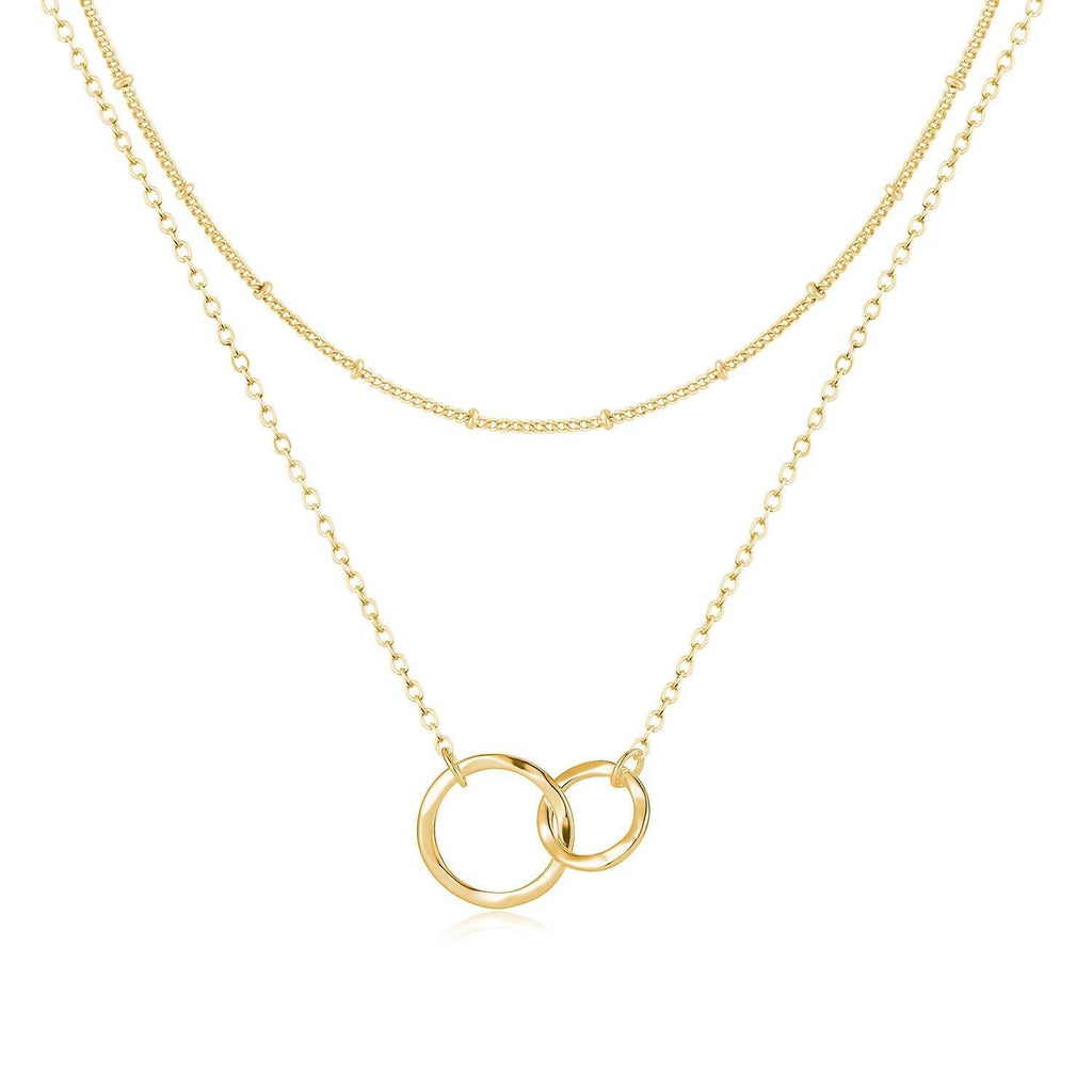 [Australia] - Fettero Layered Necklace Double Circle Generations Interlocking Infinity Hammered Pendant Dainty 14K Plated Minimalist Simple for Mother Daughter Sister Granddaughter Grandson Jewelry Gift Layered 2 Circles Gold 