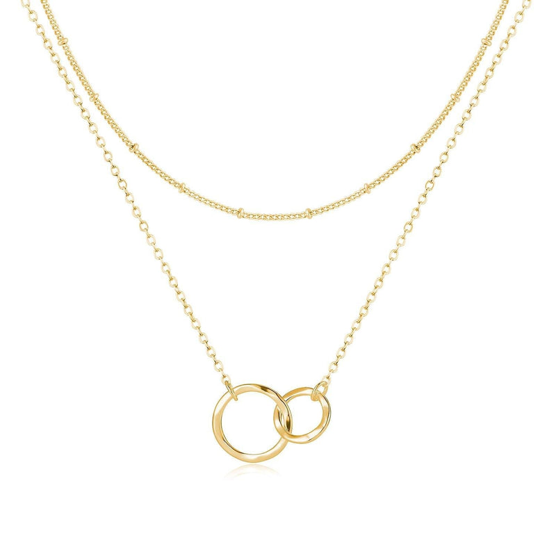 [Australia] - Fettero Layered Necklace Double Circle Generations Interlocking Infinity Hammered Pendant Dainty 14K Plated Minimalist Simple for Mother Daughter Sister Granddaughter Grandson Jewelry Gift Layered 2 Circles Gold 