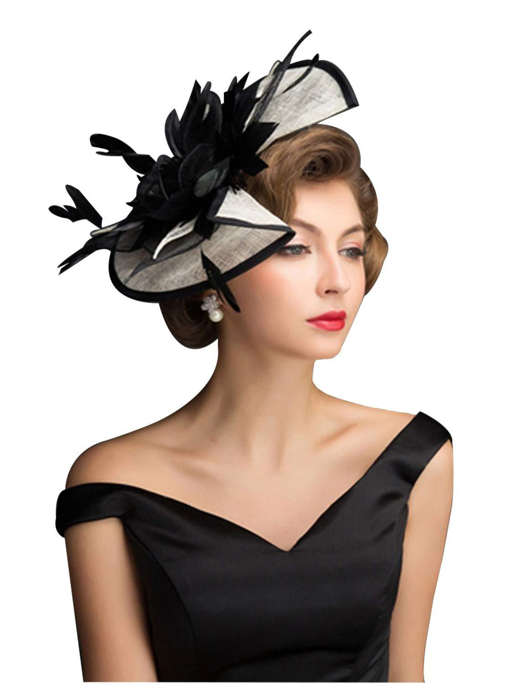 [Australia] - ORIDOOR Women Sinamay Fascinators Derby Church Tea Party Wedding Flower Feathers Headpiece with Headband Clips 002 Black One Size 