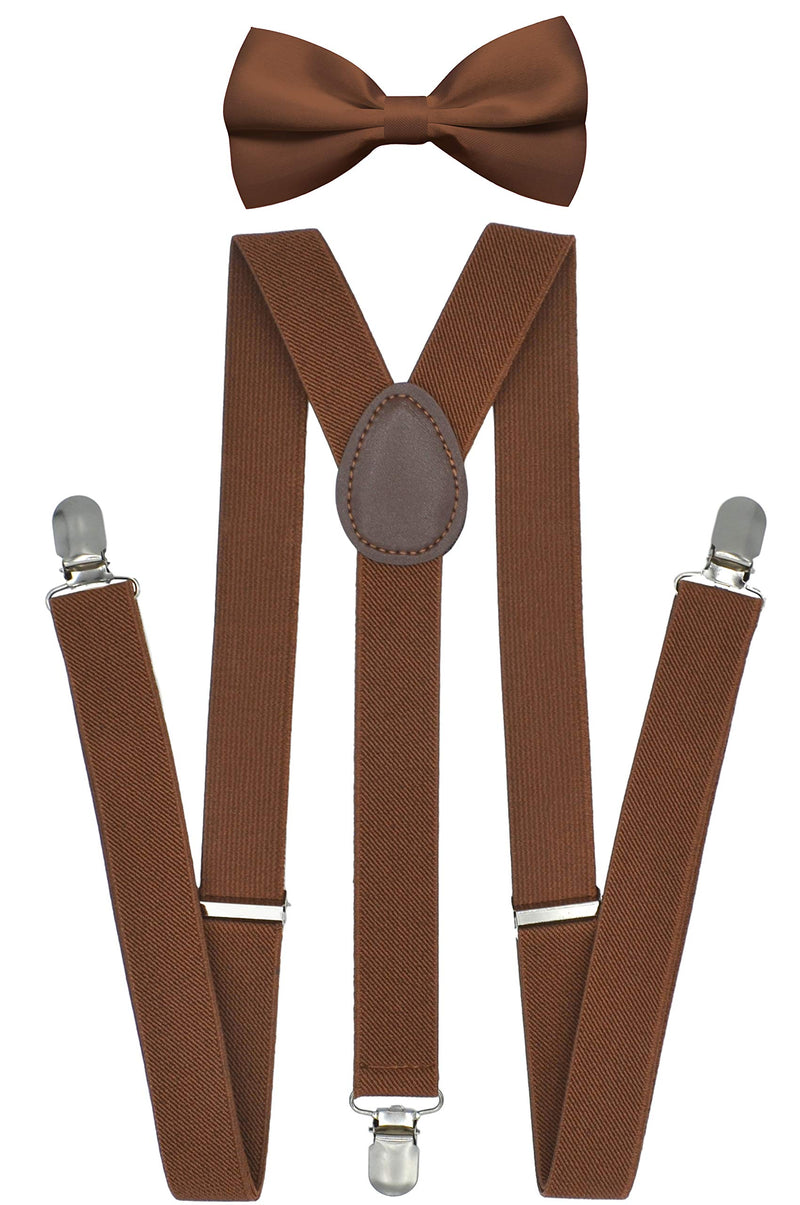 [Australia] - Suspenders for Men - Adjustable Size Elastic 1 inch Wide Y Shape Brace with Strong Clips - Wedding Suit Accessories Brown Set 
