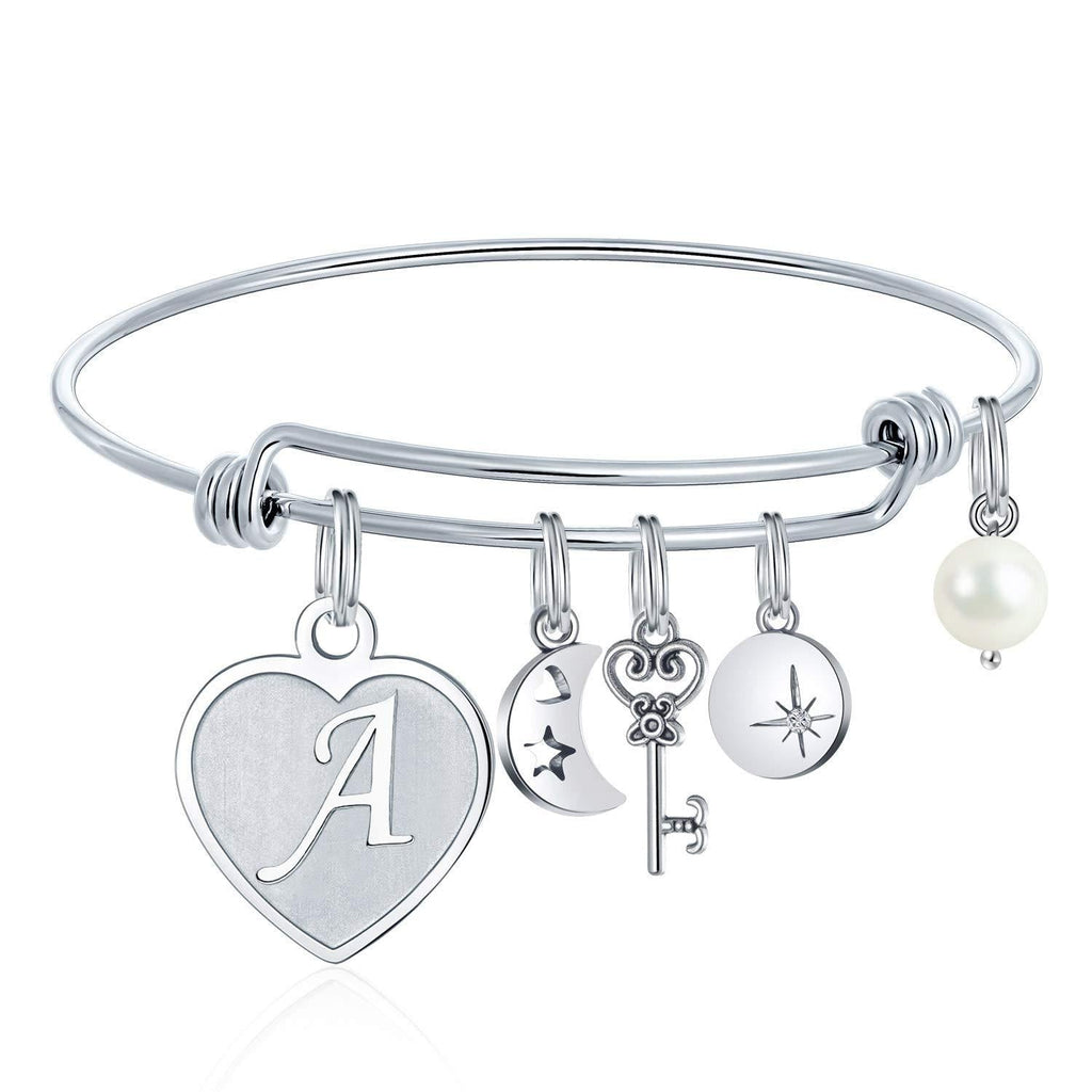 [Australia] - M MOOHAM Initial Charm Bracelets for Women Gifts - Engraved 26 Letters Initial Charms Bracelet Stainless Steel Bangle Bracelet Birthday Christmas Jewelry Gift for Women Teen Girls A - Heart 