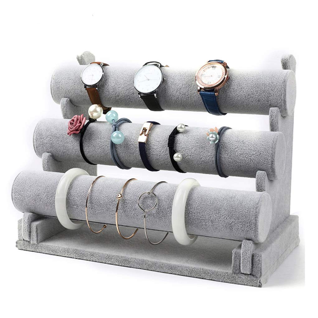 [Australia] - Three Tier 12.2" Wide 3 Row Bracelet Display Gray Velvet T-Bar Bracelet Holder Bangle Jewelry Display Hovering for Women Home Organization Necklace Watches Grey Stand 