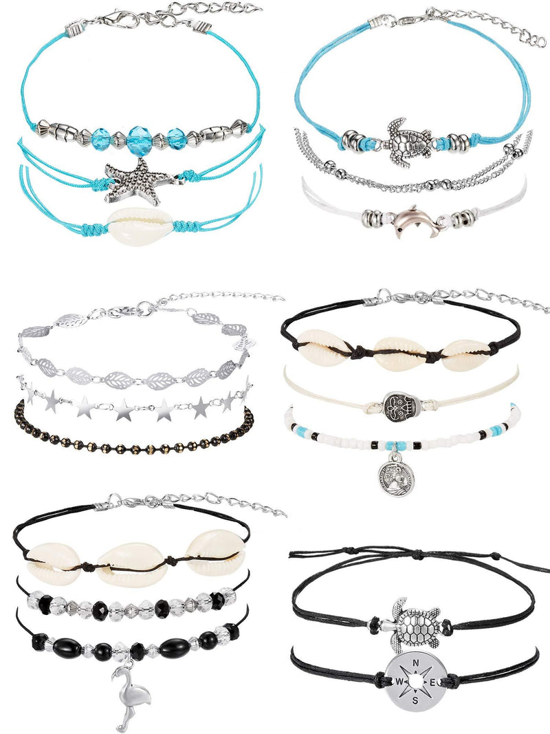 [Australia] - meekoo 17 Pieces Anklet Bracelets Adjustable Boho Turtle Starfish Shell Flamingo Beach Ankle Bracelets Foot Jewelry for Women Style B 
