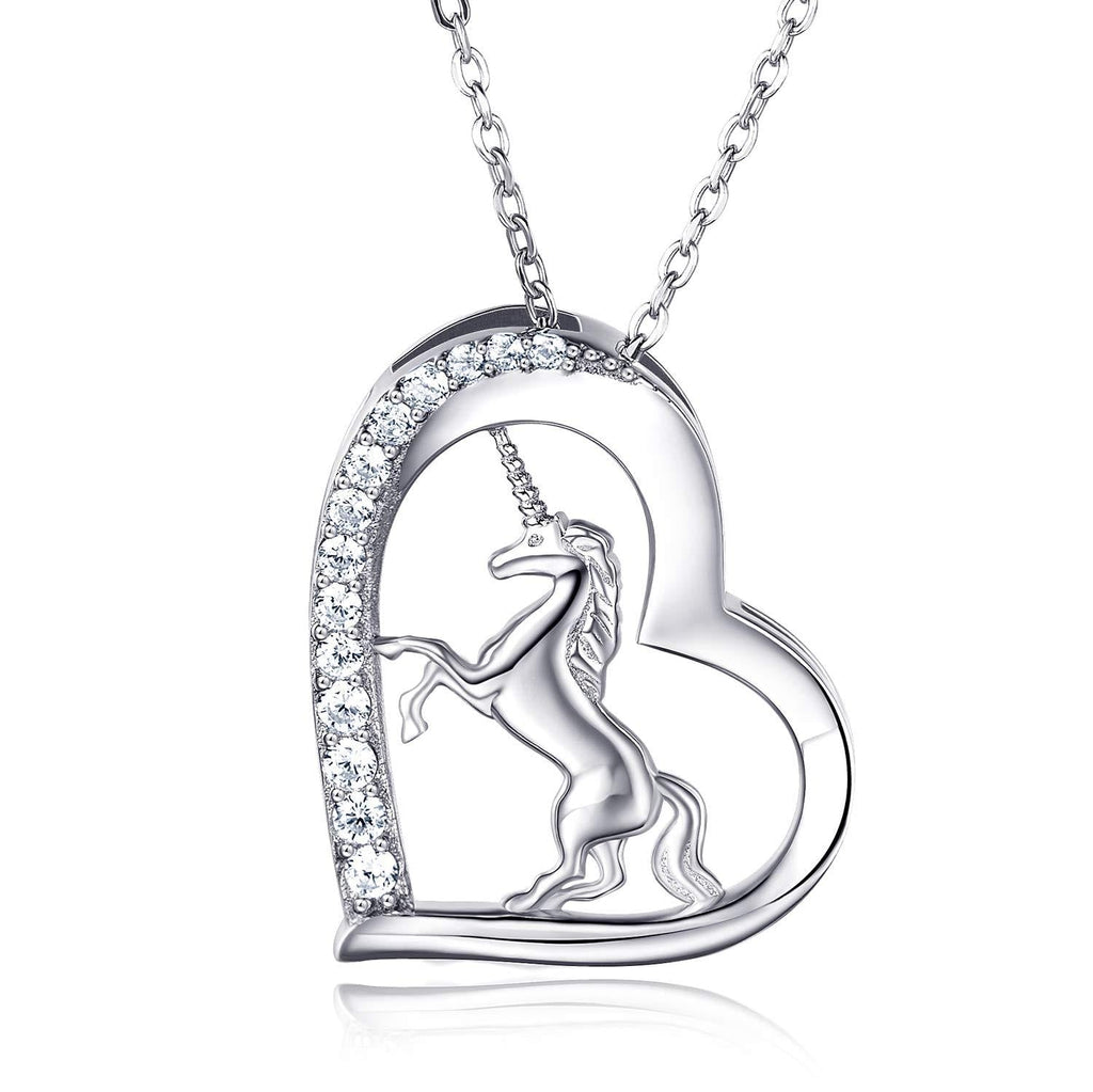 [Australia] - Women 925 Sterling Silver Love Heart Unicorn Pendant Necklace - Van Chloe CZ Diamond White Gold Plated Necklace Jewelry Gift for Women Girls 17.7''+1.77'' 