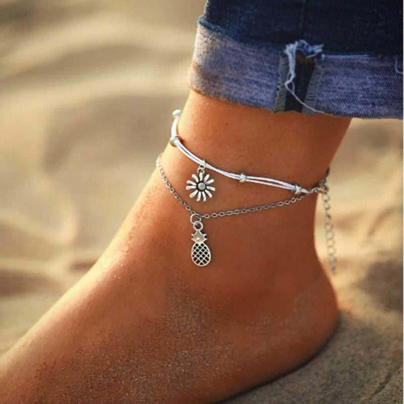 [Australia] - Edary Beach Pineapple Anklet Bracelet Sunflower Woven Beaded Anklets Silver Foot Jewelry Accessories for Women and Girls(1PC) 