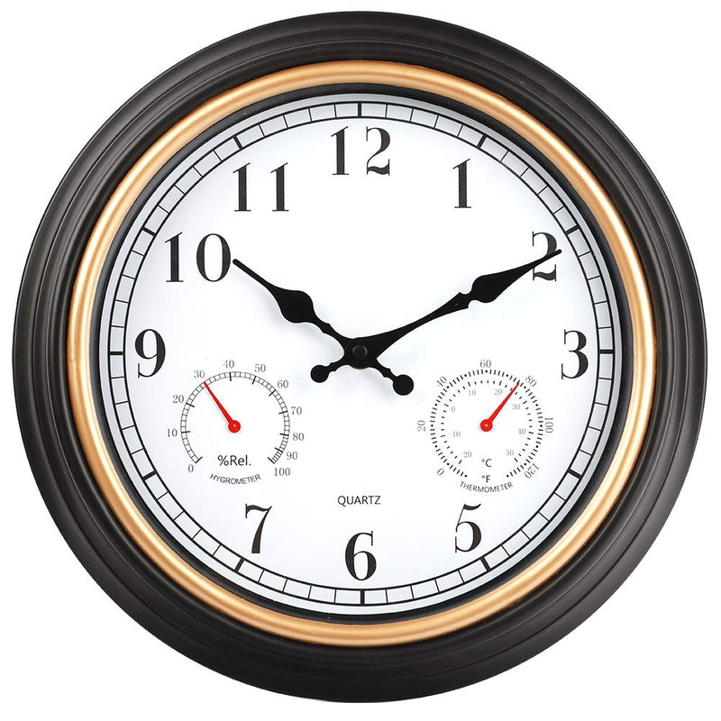 [Australia] - HYLANDA 12 Inch Indoor/Outdoor Retro Silent Non Ticking Wall Clock with Thermometer&Hygrometer Combo, Decorative Wall Clocks Battery Operated for Kitchen Home Bathroom Patio(Black Gold) 12 Inch Black-gold 