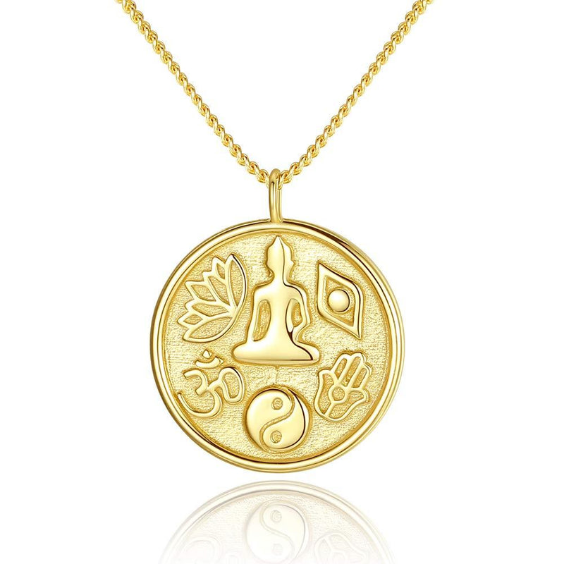 [Australia] - Kaletine Buddha Lotus Allah Taiji Hamsa Hand Evil Eye Pendant Necklace Sterling Silver in 14k Gold Chain 16-17-18" 
