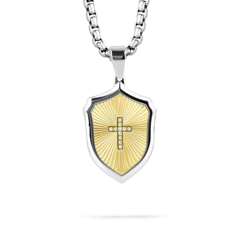 [Australia] - BUVE Cross Armor Shield 14K Gold Zircon Match Pendant Necklace With A Polished Silver CZ Cross Inlay Comes With A Stainless Steel 26 IN Rolo chain 