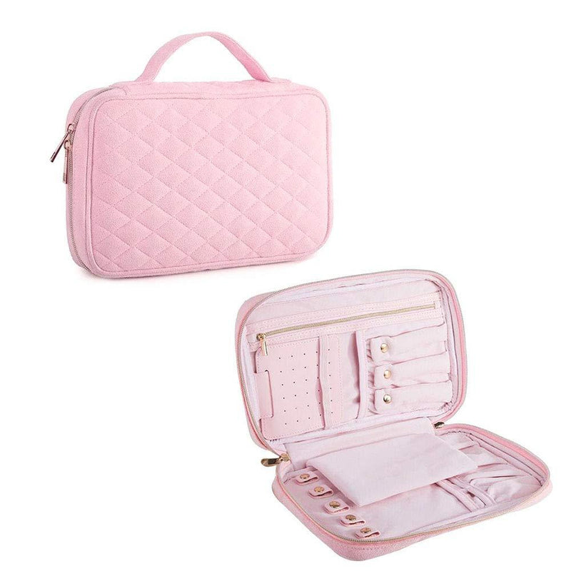 [Australia] - Travel Jewelry Organizer with a Detachable Mirror- Jewelry Case - Jewelry Storage Box for Earrings, Rings, Necklace, Bracelets - Women Quilted Jewelry Box Organizer - Girl Portable Jewelry Case (Pink) 