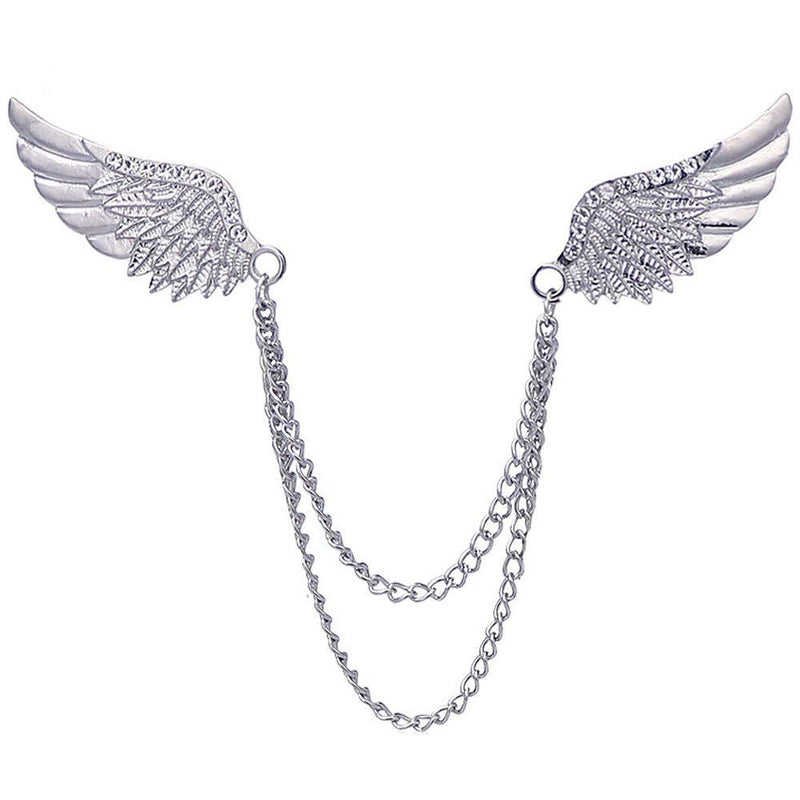 [Australia] - Angel Wings Tassel Chain Brooch Collar Pins. Rhinestone Metal Feather Lapel Pin, Suit Coat Breastpin for Women Men's Accessories Silver 