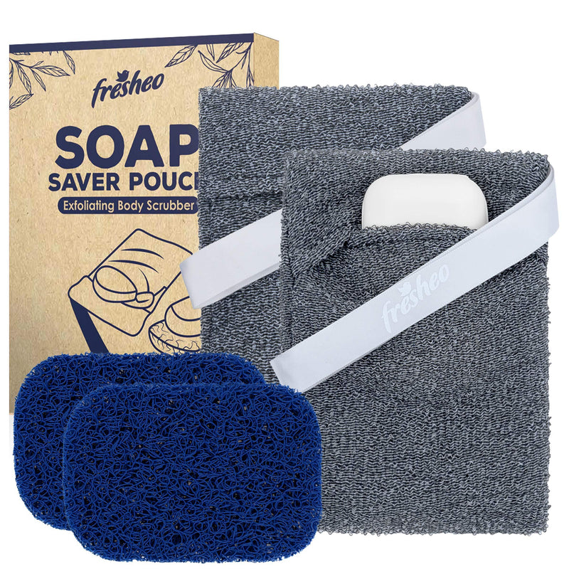 [Australia] - Fresheo Soap Saver Pouch | Exfoliating Sponge Soap Pocket Body Exfoliator for Bath or Shower | Body Scrubber for Bar Soap or Soap Bits | 2 Pack + 2 Piece Soap Saver Pads + 2 Shower Suction Cup Hooks 
