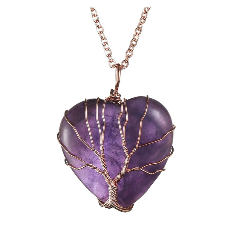 [Australia] - Jovivi Vintage Teardrop/Heart Natural Gemstones Healing Crystal Stone Necklace Wire Wrapped Copper Tree of Life Chakra Pendant, Mothers Gifts Amethyst(Heart-shape) 