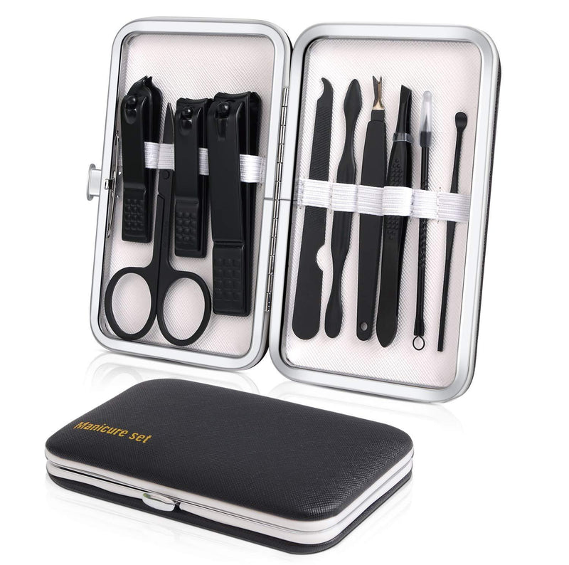 [Australia] - Manicure Set, Travel Nail Clippers Kit Pedicure Care Tools, 10pcs Stainless Steel Grooming kit (Black) Black 